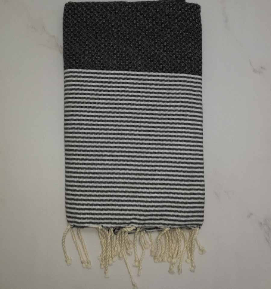 FOUTA NID D'ABEILLE Gris anthracite rayée blanc 