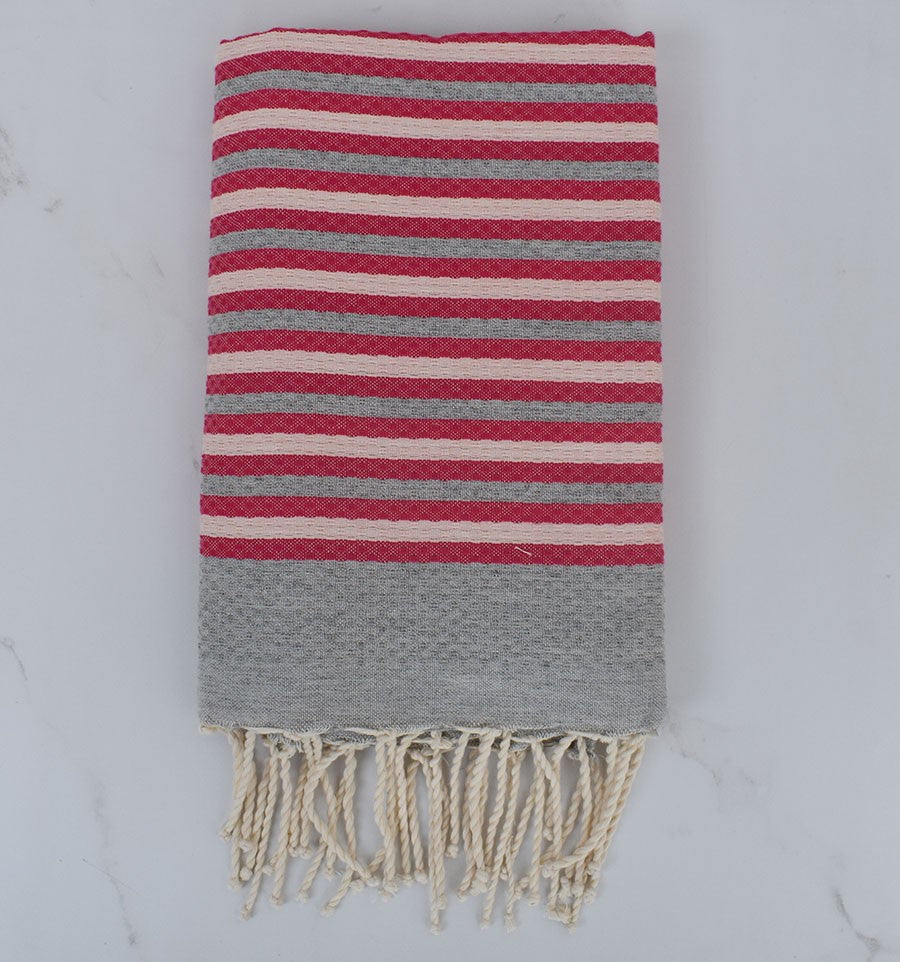 Fouta nid d'abeille rayée 1 cm gris, rose très clair et rose 