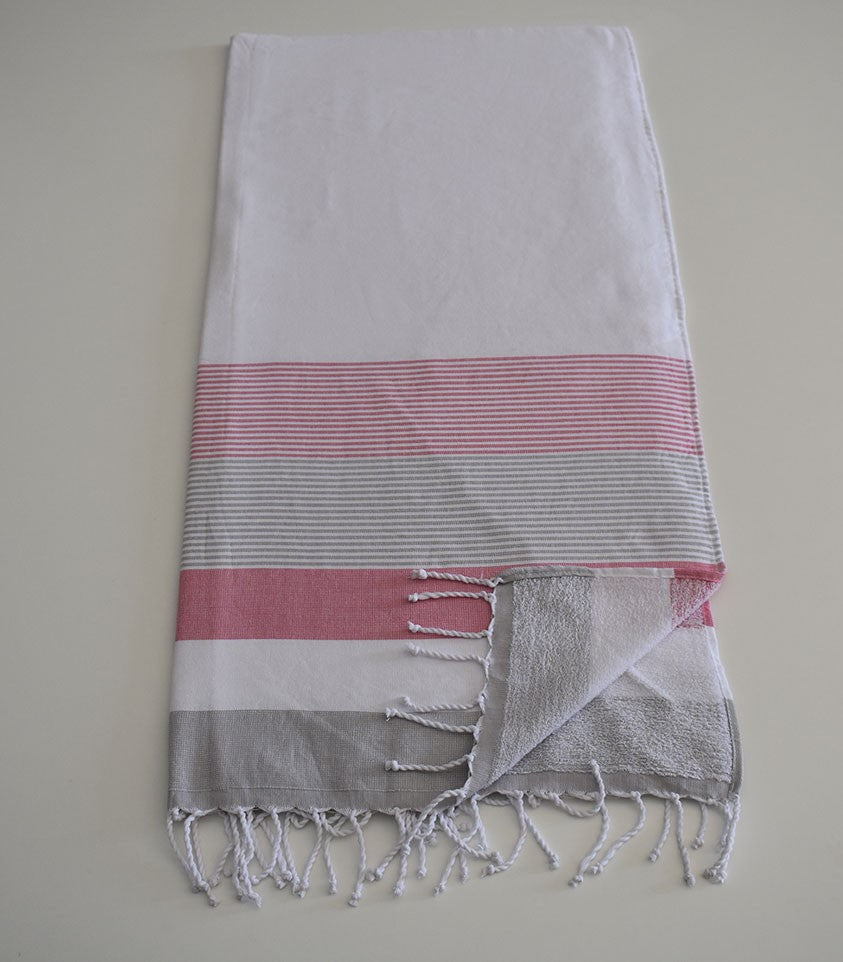 Fouta éponge blanc, rose et gris 