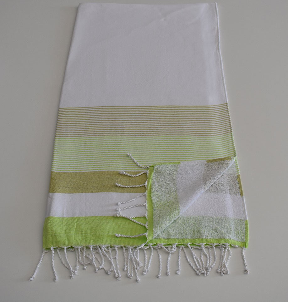 Fouta éponge blanc, vert clair et kaki clair 