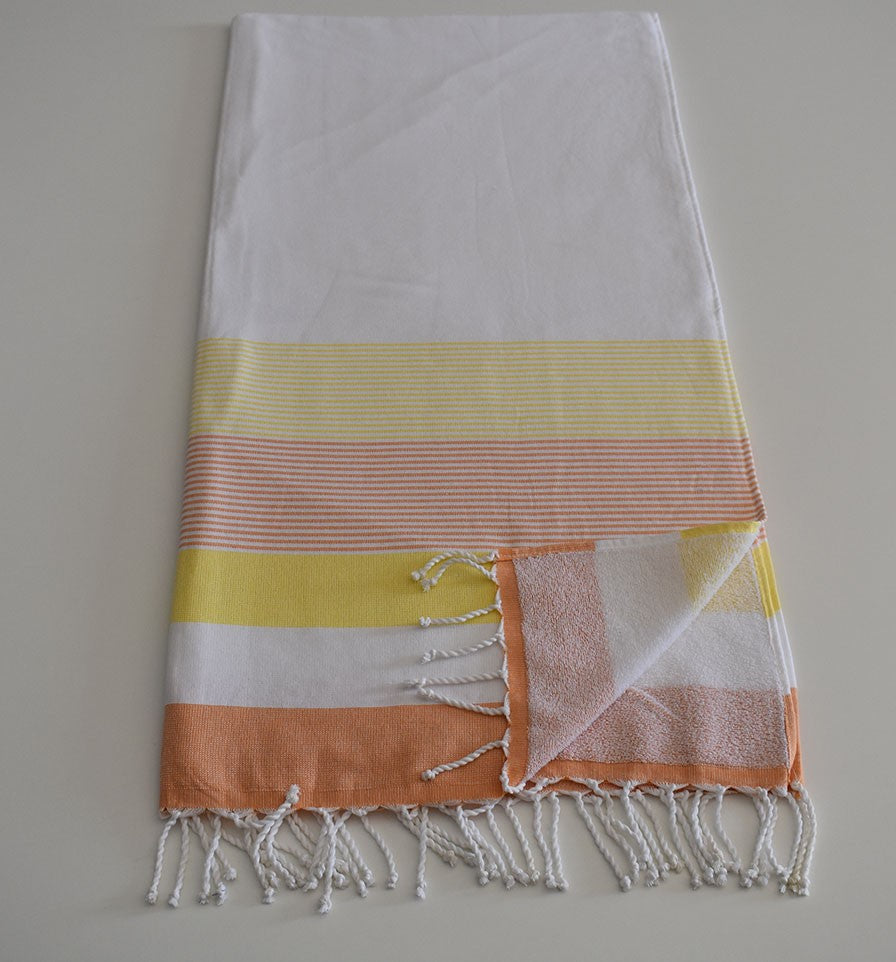 Fouta éponge blanc, jaune et orange 