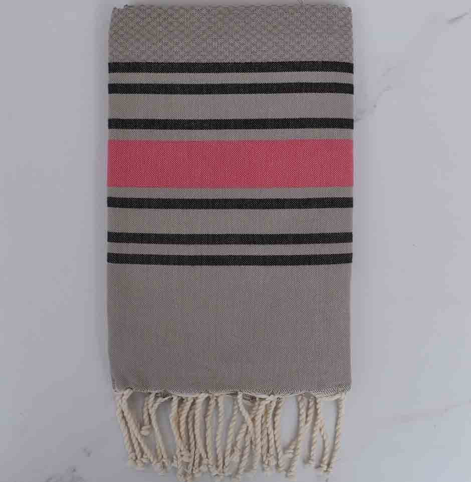 Fouta nid nid d'abeille taupe rayée noir et rose 