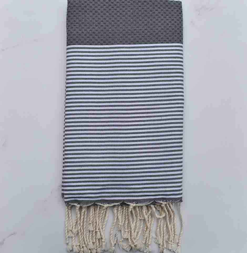 FOUTA NID D'ABEILLE gris plomb rayée blanc 