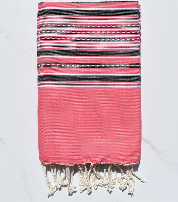 Fouta arabesque rose fraise avec rayures anthracite 