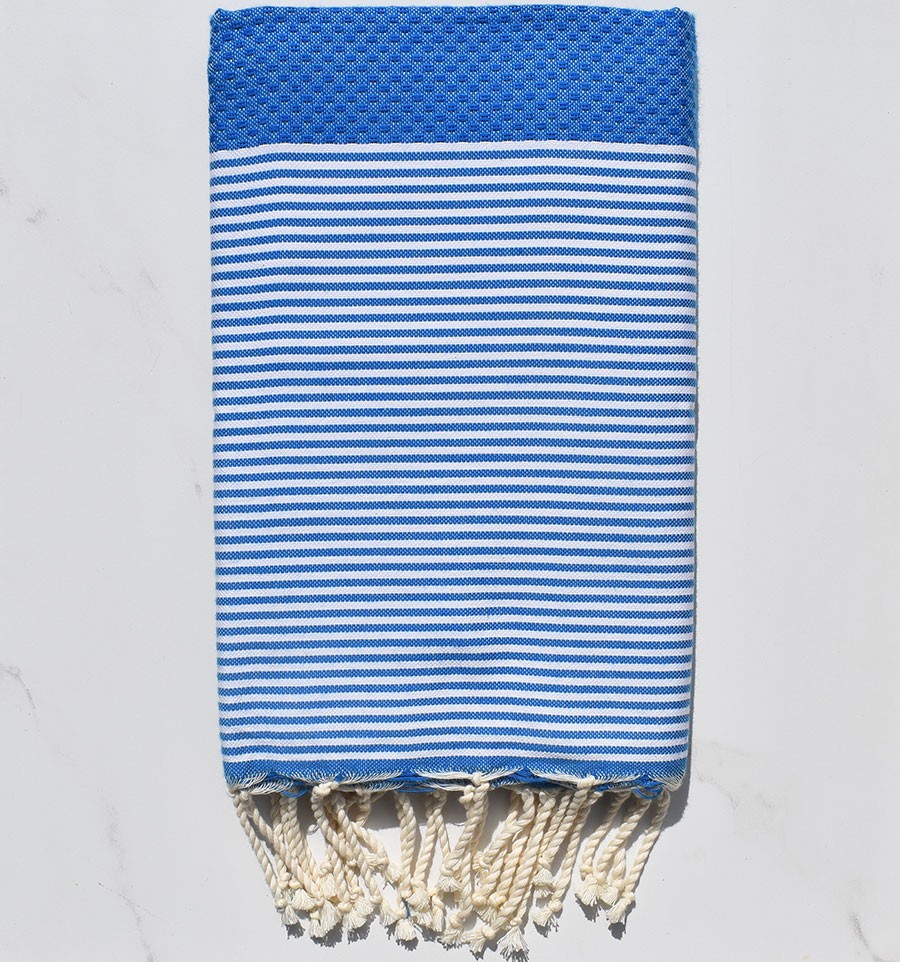 FOUTA NID D'ABEILLE Bleu électrique rayée blanc 