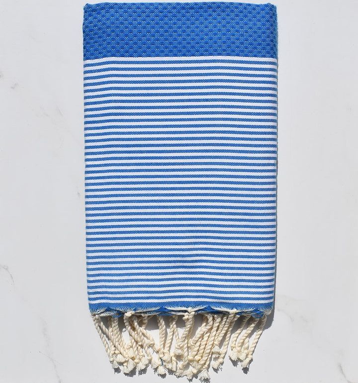 FOUTA NID D'ABEILLE Bleu électrique rayée blanc 