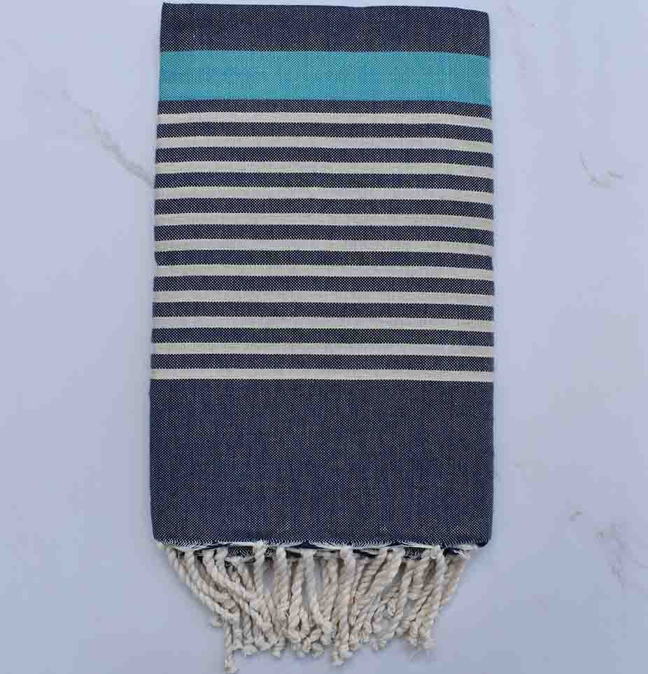 Fouta arthur bleu jean, bleu tiffany rayée écru 