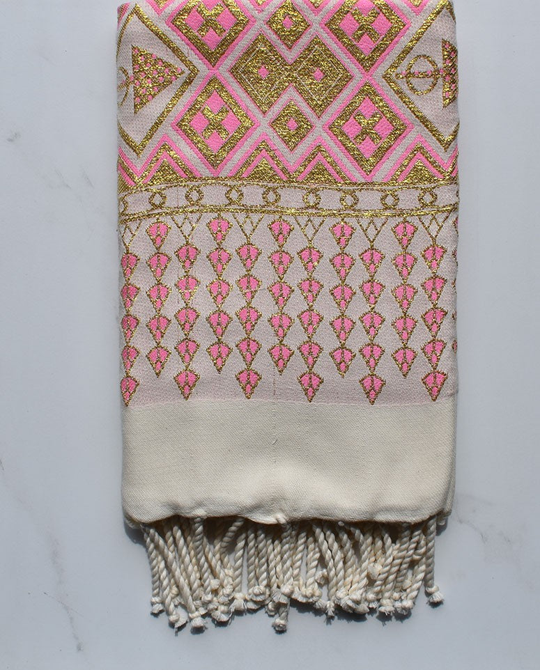 Fouta khlela rose clair au fil lurex doré 