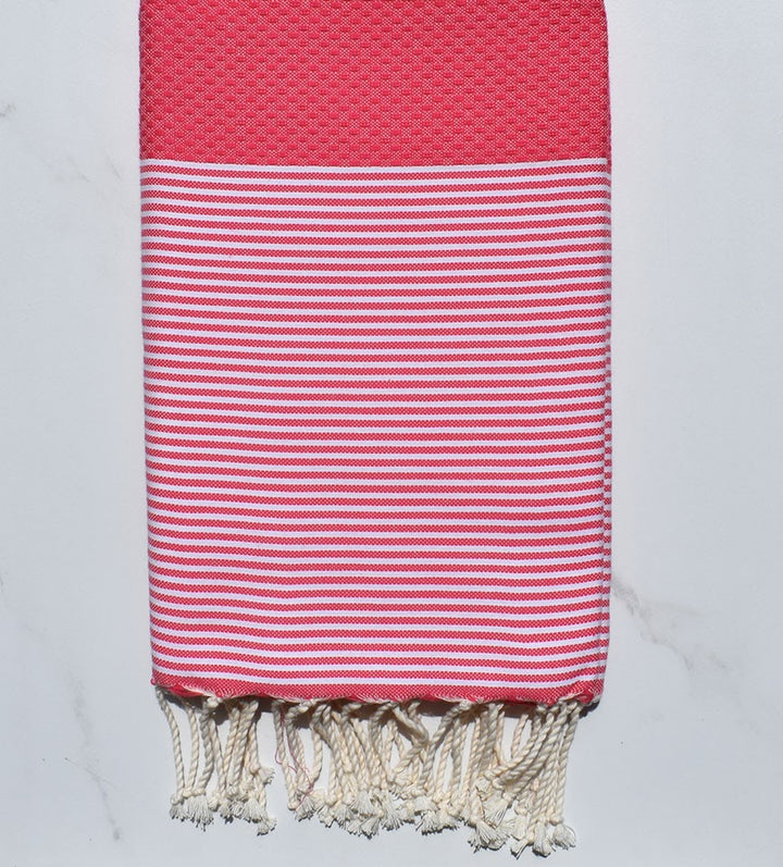 FOUTA NID D'ABEILLE Rose fraise rayée blanc 