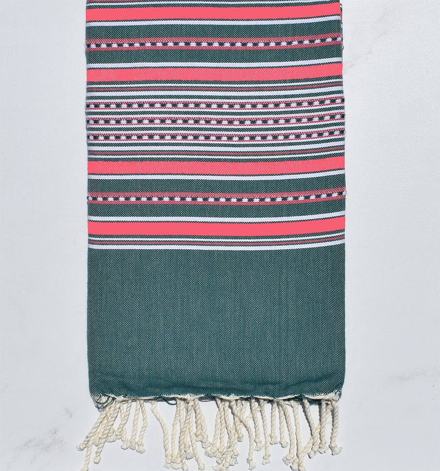 Fouta arabesque vert foncé et rose 