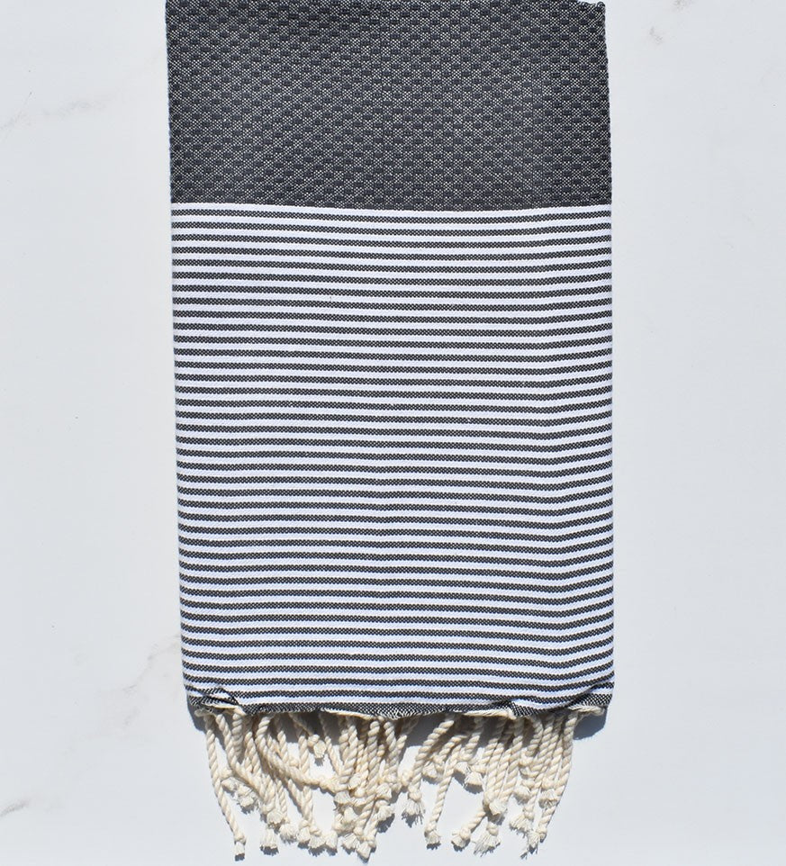 FOUTA NID D'ABEILLE gris fer rayée blanc 