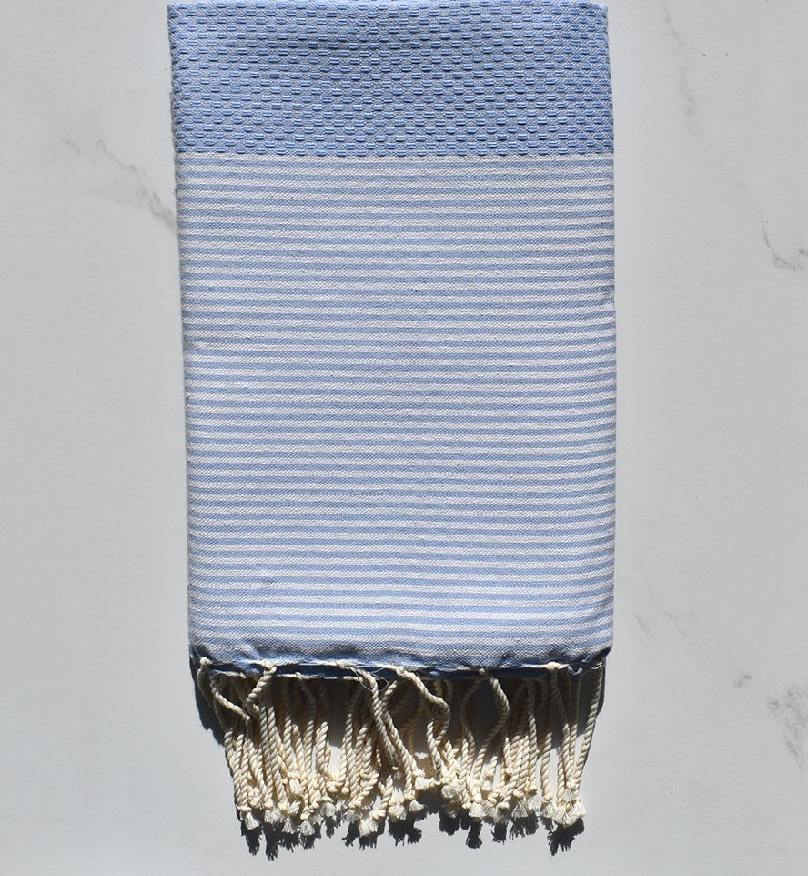 FOUTA NID D'ABEILLE Bleu fumée rayée blanc 