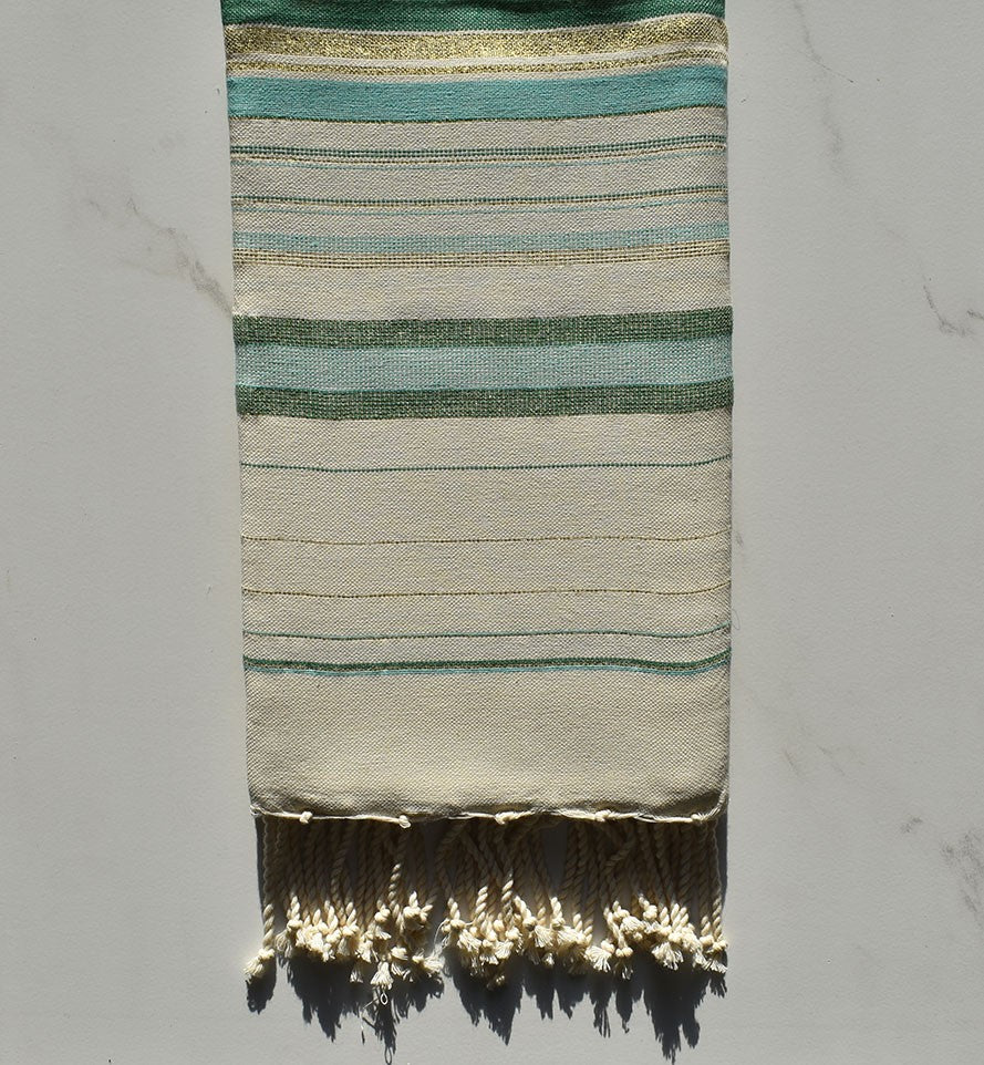 Fouta fadhila vert et blanc crème avec lurex 