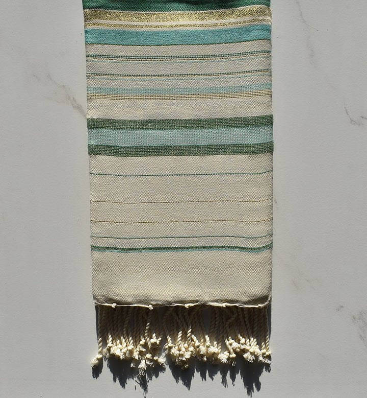 Fouta fadhila vert et blanc crème avec lurex 