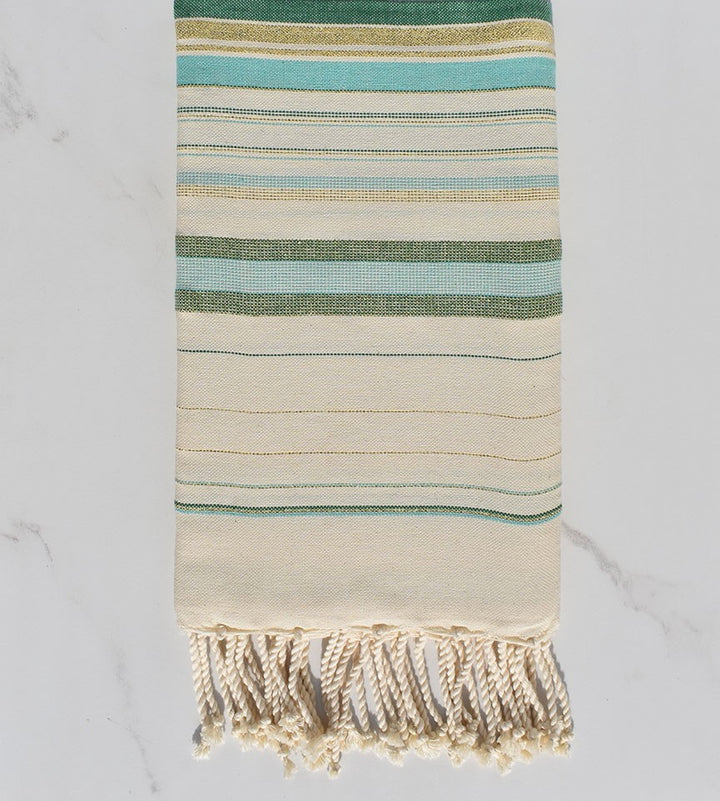Fouta fadhila vert et blanc crème avec lurex 