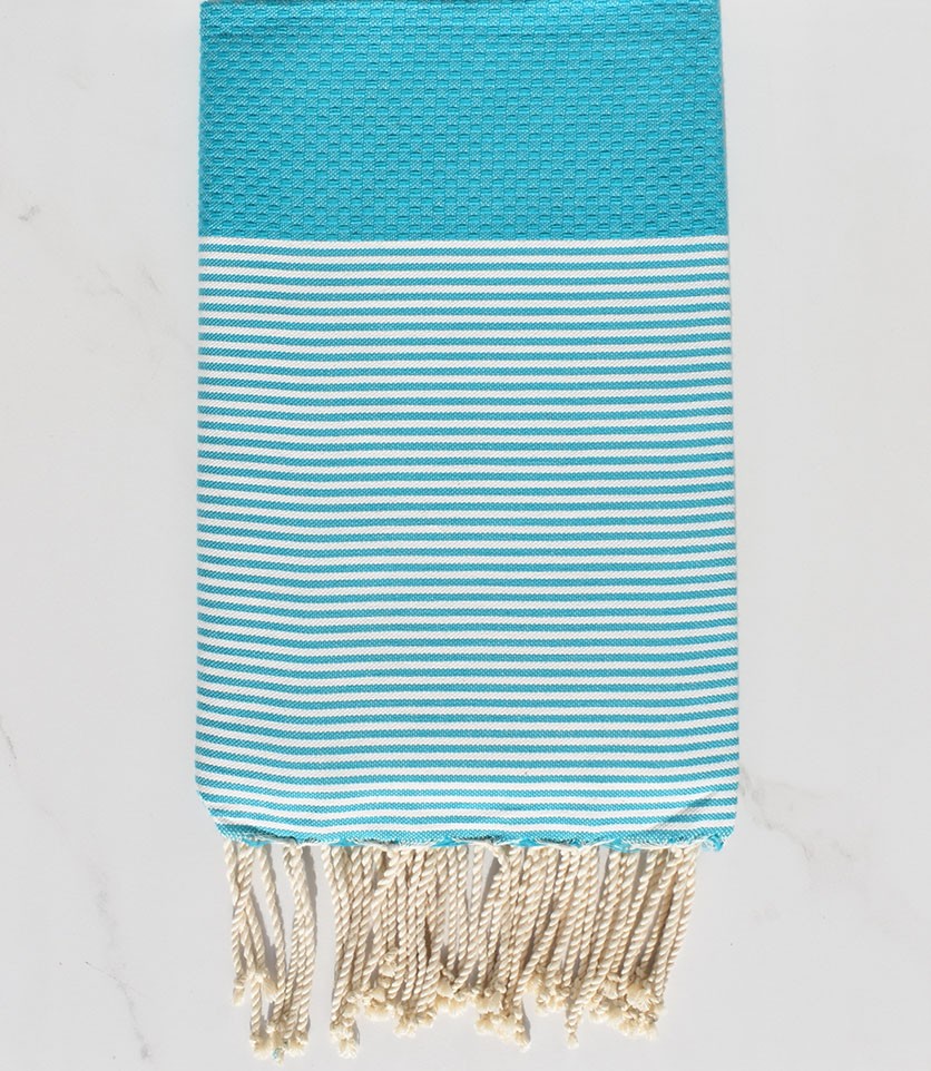 FOUTA NID D'ABEILLE bleu turquoise rayée blanc 
