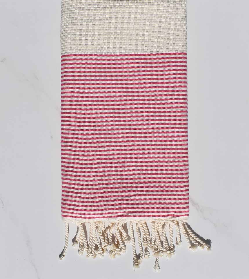 Fouta nid d'abeille beige clair rayée rose 
