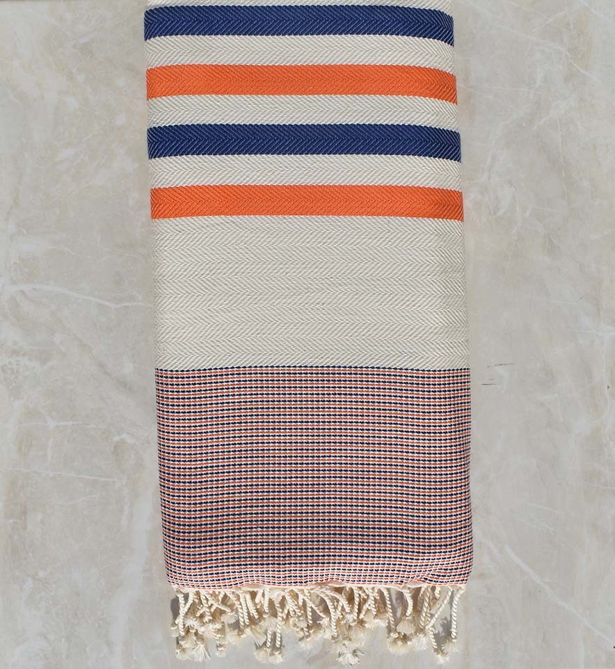 Jeté chevron blanc crème, orange et bleu 