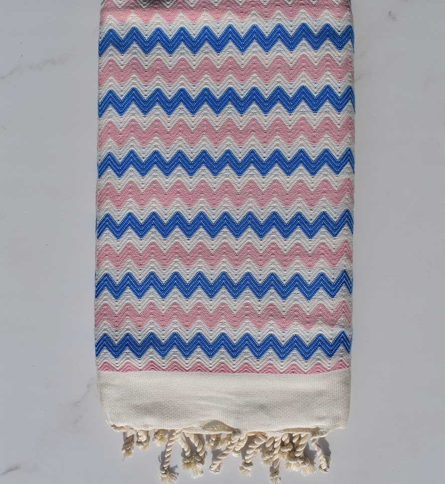 Fouta zigzag écru, rose et bleu 