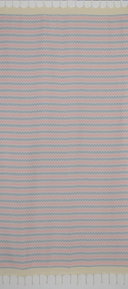 Fouta zigzag écru, Rose clair et bleu ciel 