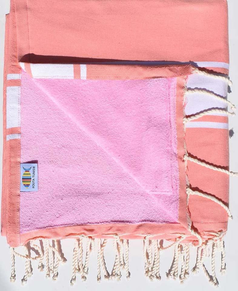 fouta doublée éponge saumon et rose claire 