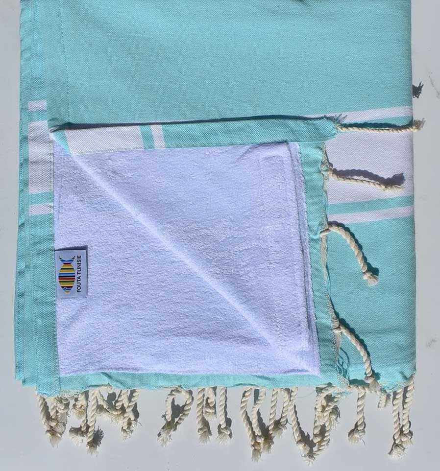 fouta doublée éponge bleu aigue marine et blanc 