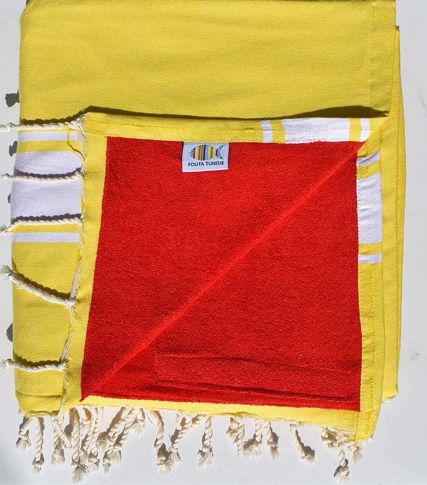 fouta doublée éponge jaune cobalt et rouge 