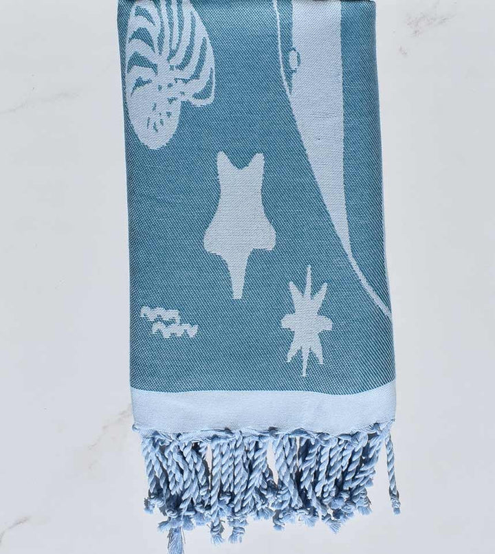 Fouta jacquard étoile de mer bleu canard et bleu azurin 