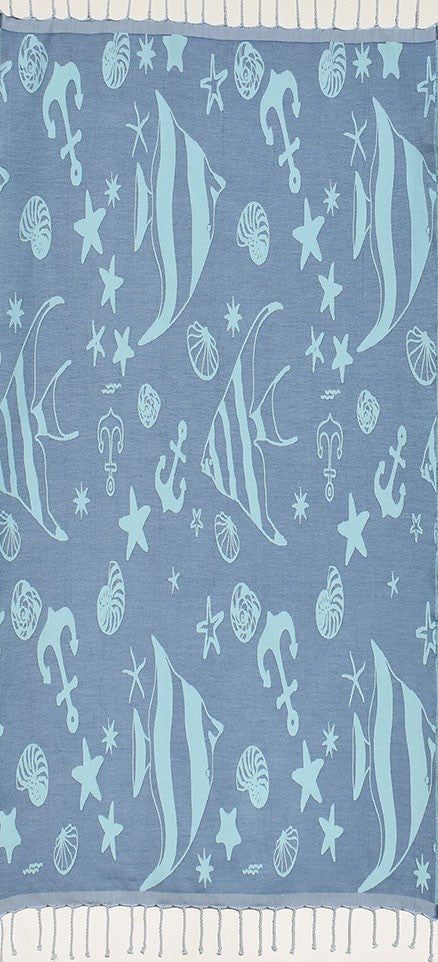 Fouta jacquard étoile de mer bleu bleuet et bleu ciel clair 