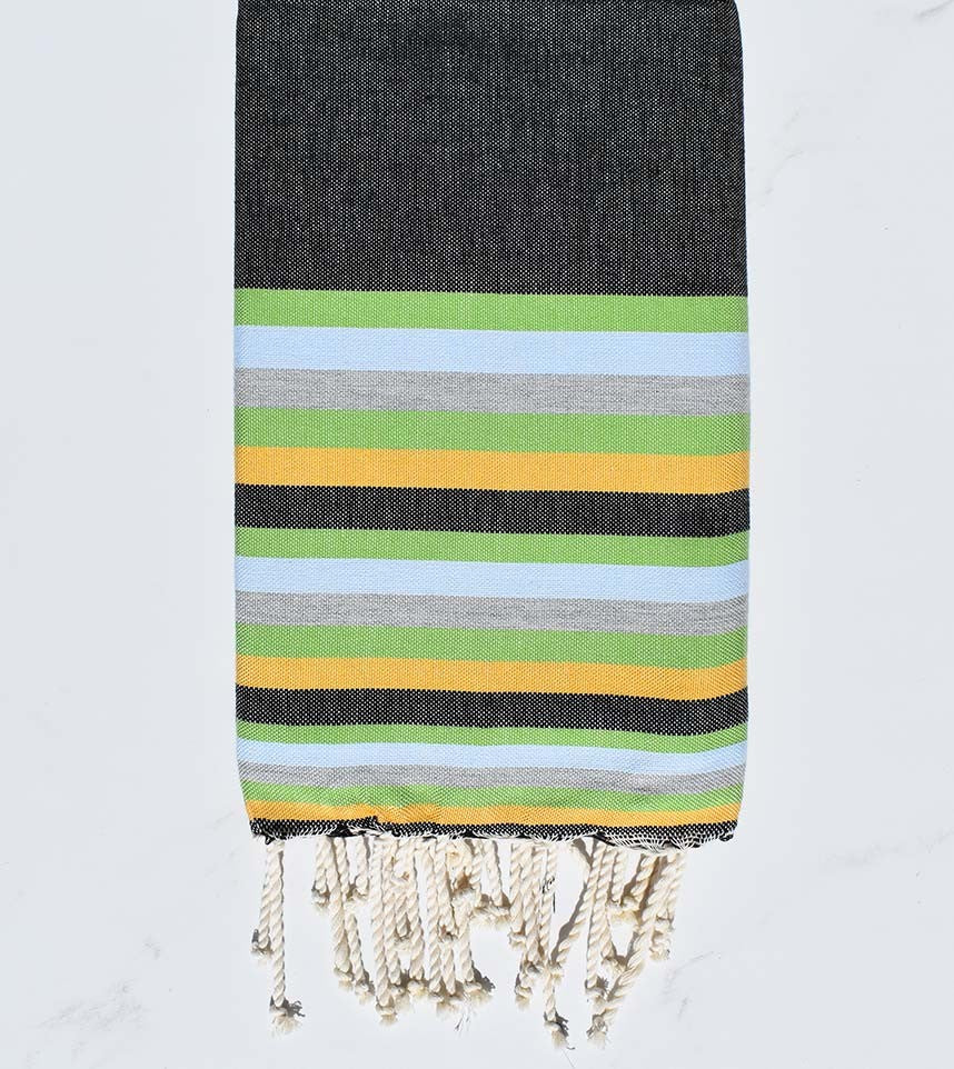 Fouta plate noir, vert, bleu, gris et jaune 