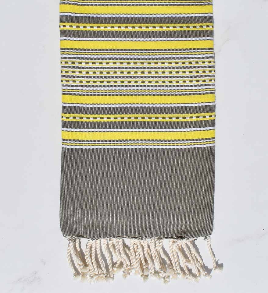 Fouta arabesque vert olive rayée jaune 