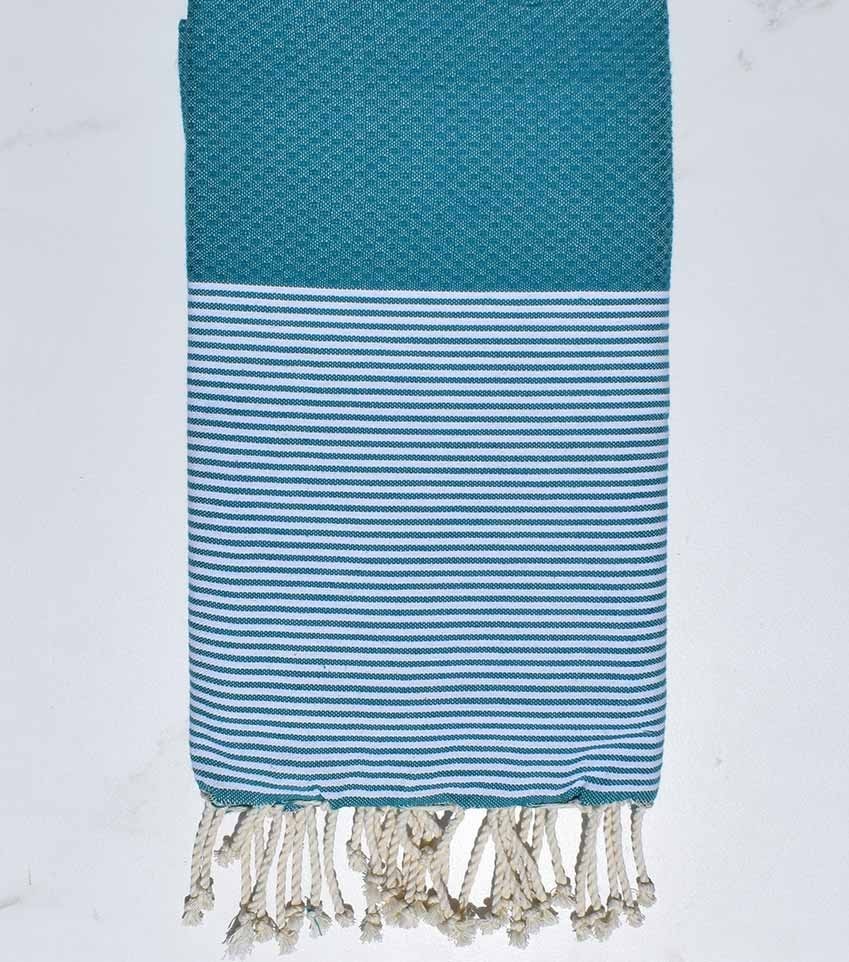 FOUTA NID D'ABEILLE bleu canard rayée blanc Fouta Tunisia - 1