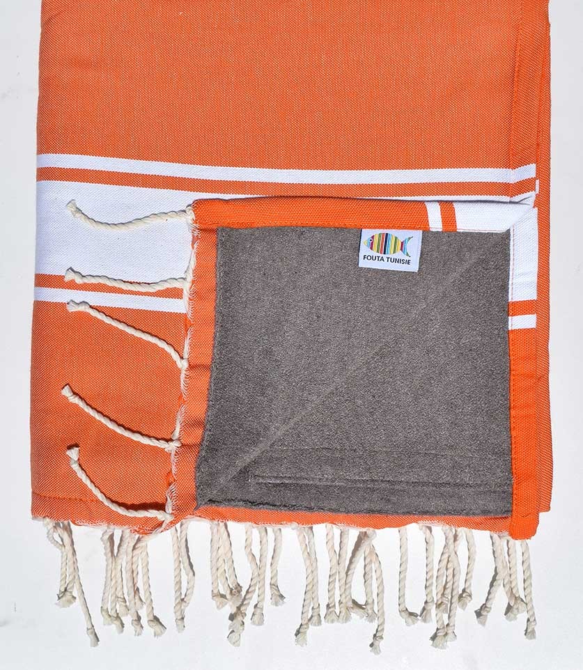 Fouta doublée éponge orangé et taupe  - 1