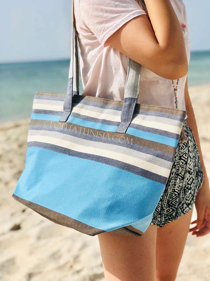 Sac de plage fouta 5 couleurs bleu ciel, blanc, gris, marron et bleu jean Fouta Tunisia - 1