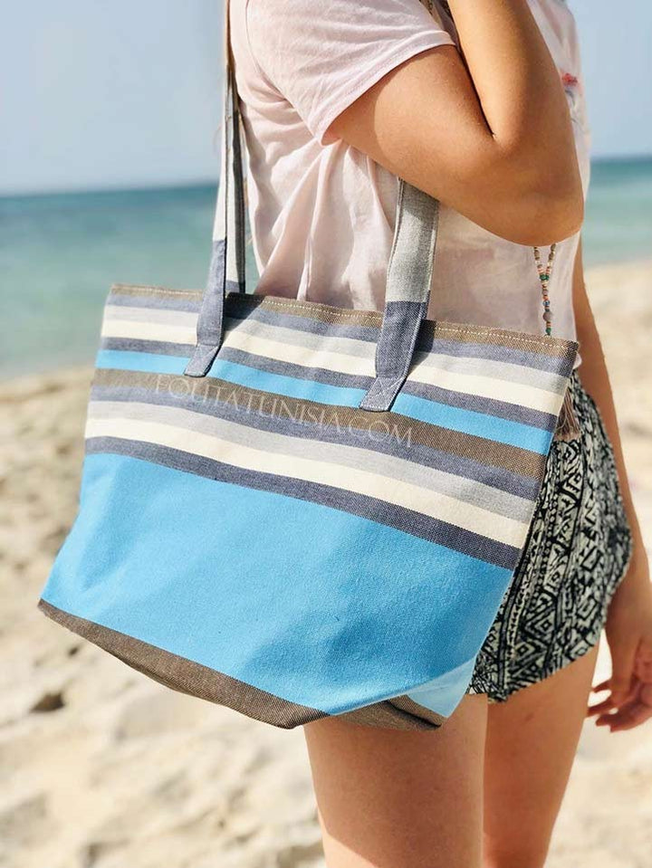 Sac de plage fouta 5 couleurs bleu ciel, blanc, gris, marron et bleu jean Fouta Tunisia - 1