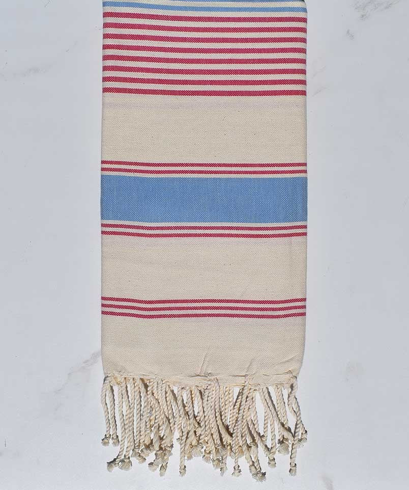 Fouta dina blanc crème, bleu clair et rose foncé Fouta Tunisia - 1