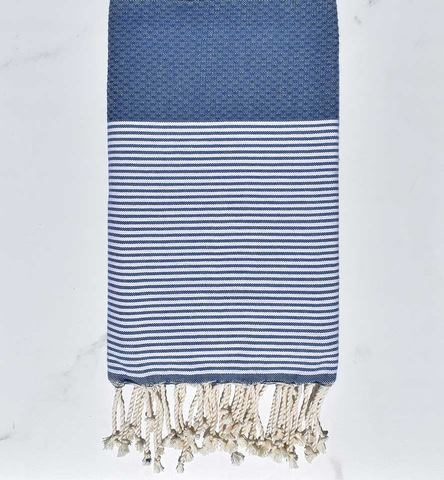FOUTA NID D'ABEILLE Bleu guède rayée blanc Fouta Tunisia - 1