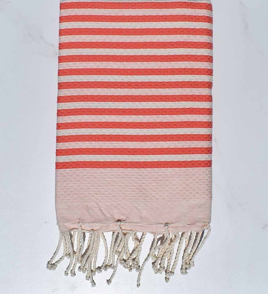 Fouta nid d'abeille rayée 1 cm couleur rose corail Fouta Tunisia - 1