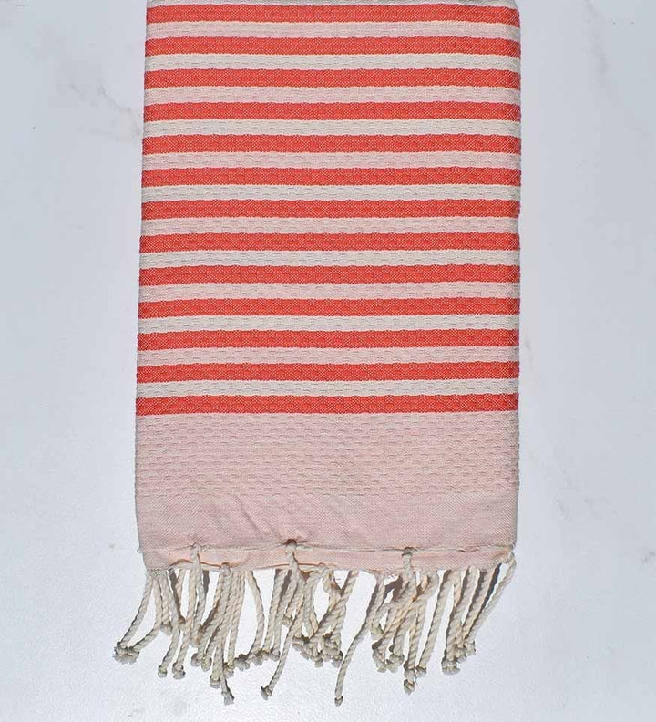 Fouta nid d'abeille rayée 1 cm couleur rose corail Fouta Tunisia - 1