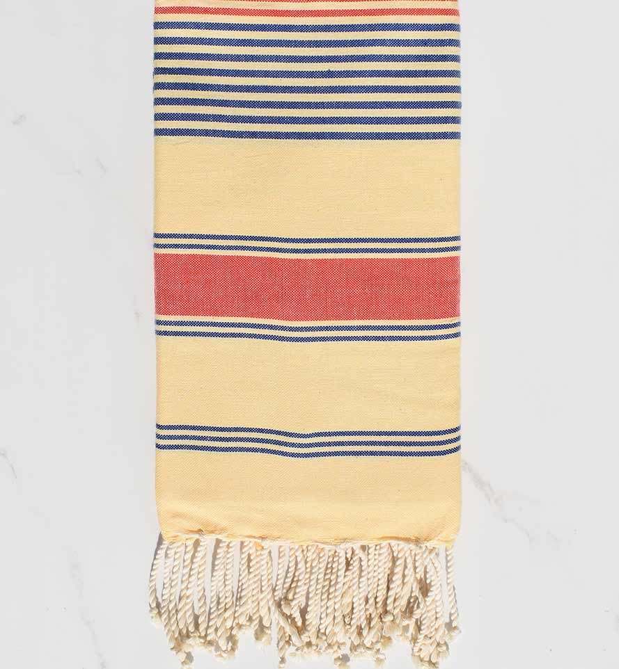 Fouta dina jaune crème, bleu jean et rouge corail Fouta Tunisia - 1