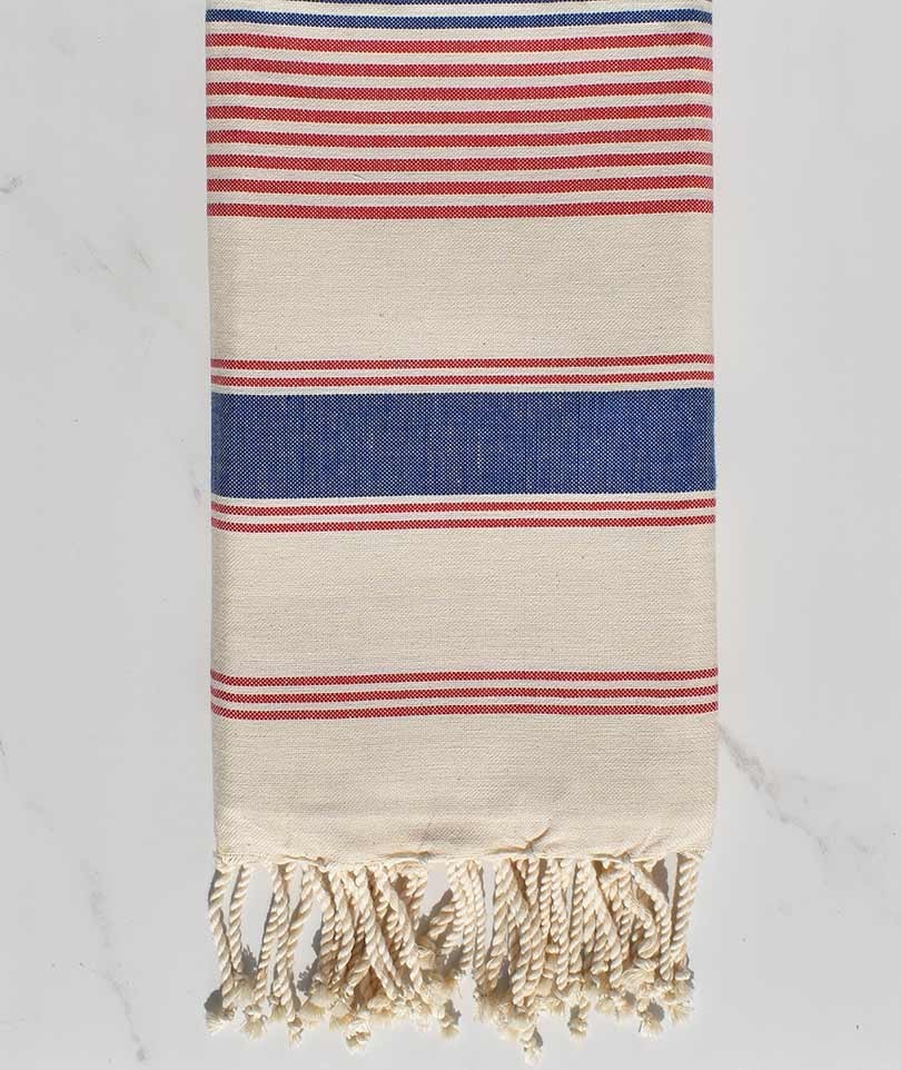 Fouta dina blanc crème, rouge et bleu jean Fouta Tunisia - 1
