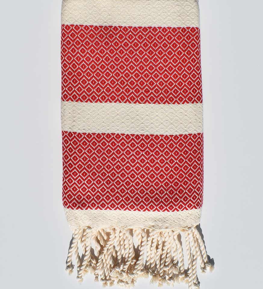 Fouta chevron écru clair et rouge Fouta Tunisia - 1
