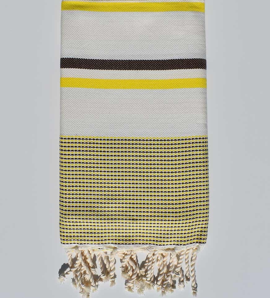 Fouta chevron blanc crème, jaune fluo et marron Fouta Tunisia - 1