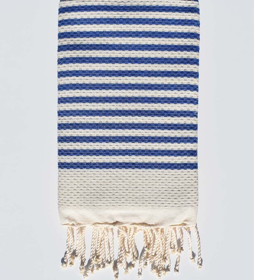 FOUTA nid d'abeille beige clair rayée 1 cm rayure bleu  - 2