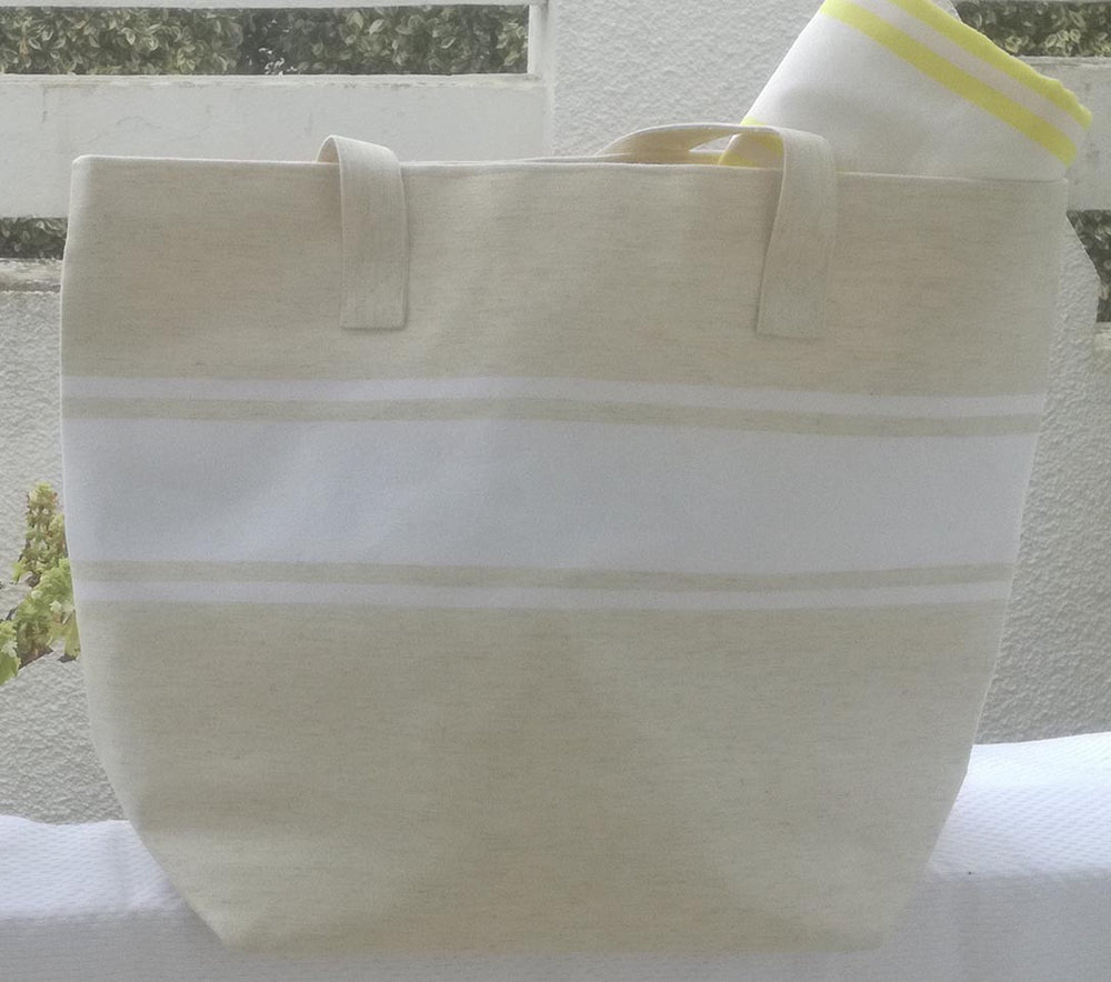 Sac de plage beige clair avec bandes blanche Fouta Tunisia - 2