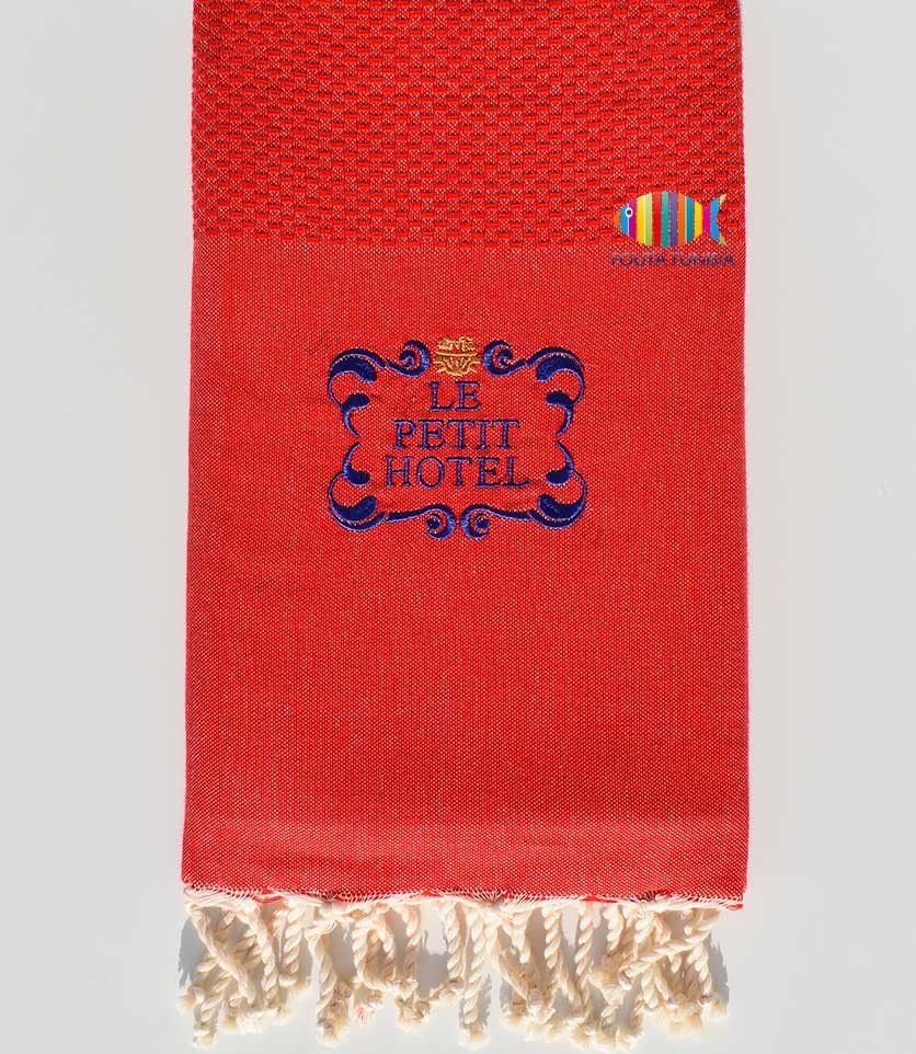 Serviette de plage nid d'abeille unie brodée Fouta Tunisia - 1