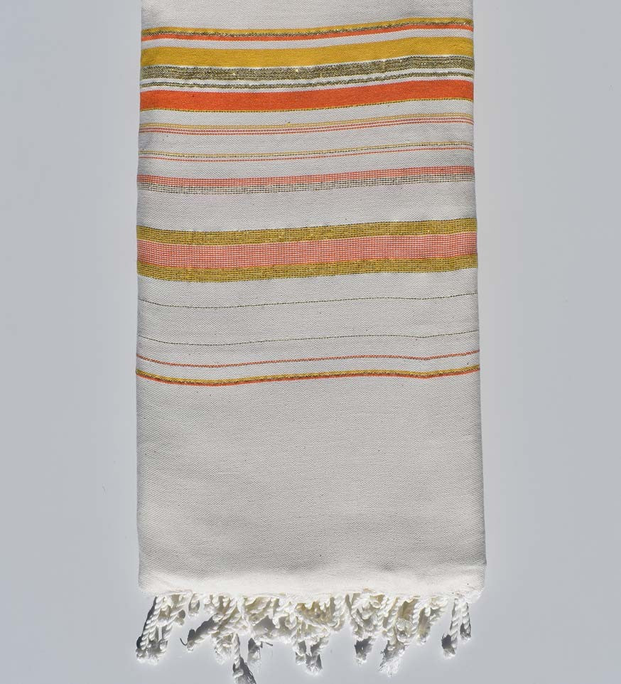 Jeté Fadhila blanc crème, orange et moutarde avec lurex Fouta Tunisia - 1