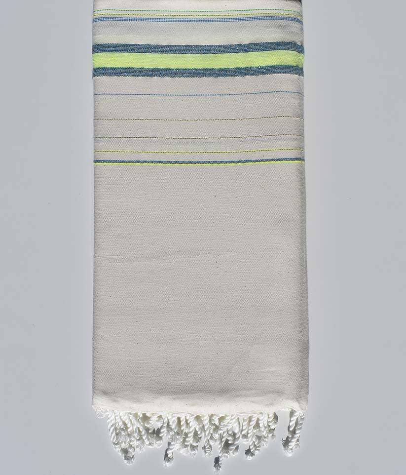 Jeté Fadhila blanc crème, vert fluo clair et bleu azur avec lurex Fouta Tunisia - 1