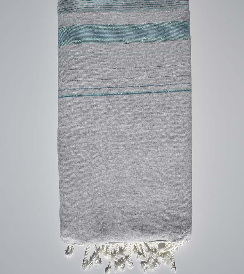 Jeté Fadhila gris clair, vert eau et bleu paon avec lurex  - 1