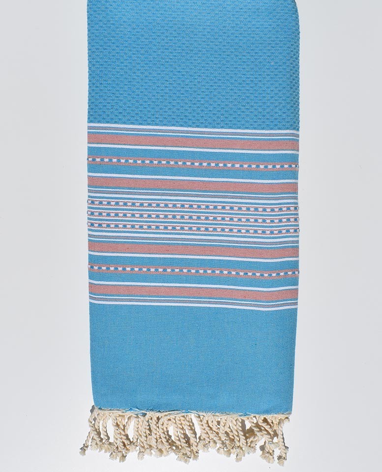 jeté arabesque bleu clair rayée rose pale Fouta Tunisia - 1